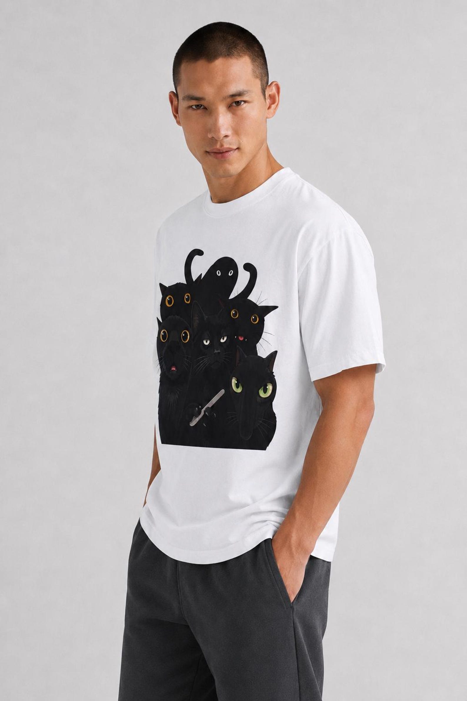 Black Cat Stack T-Shirt — Cute Gothic Cat Crew Tee