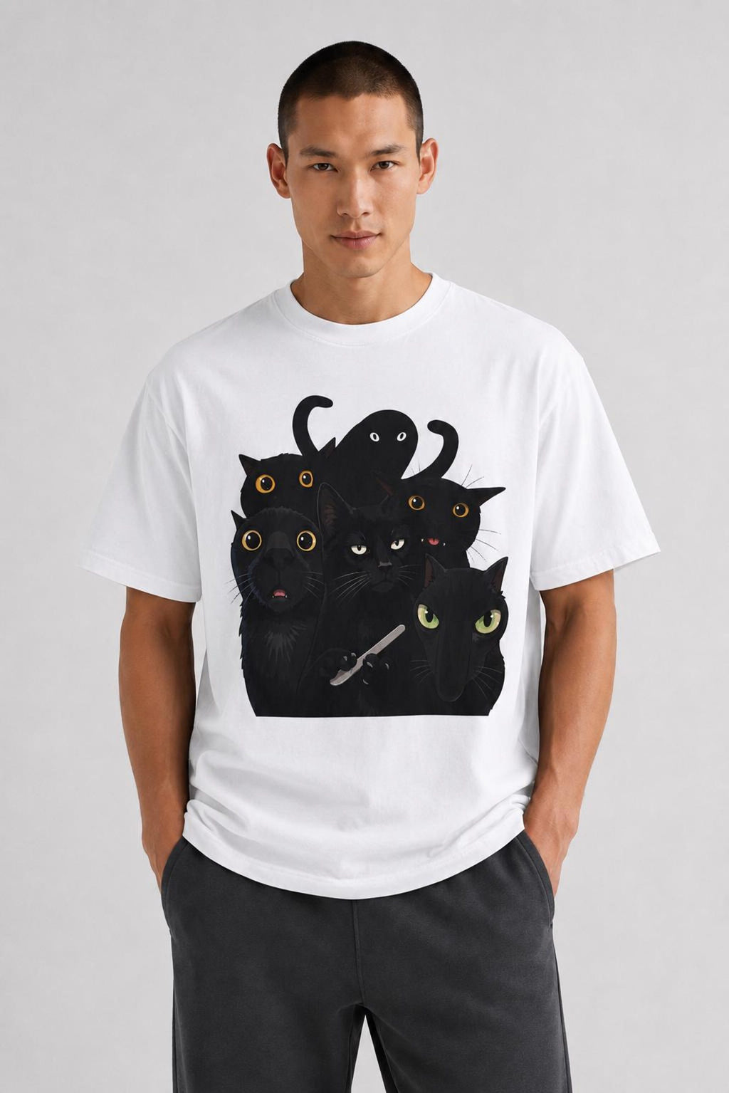 Black Cat Stack T-Shirt — Cute Gothic Cat Crew Tee
