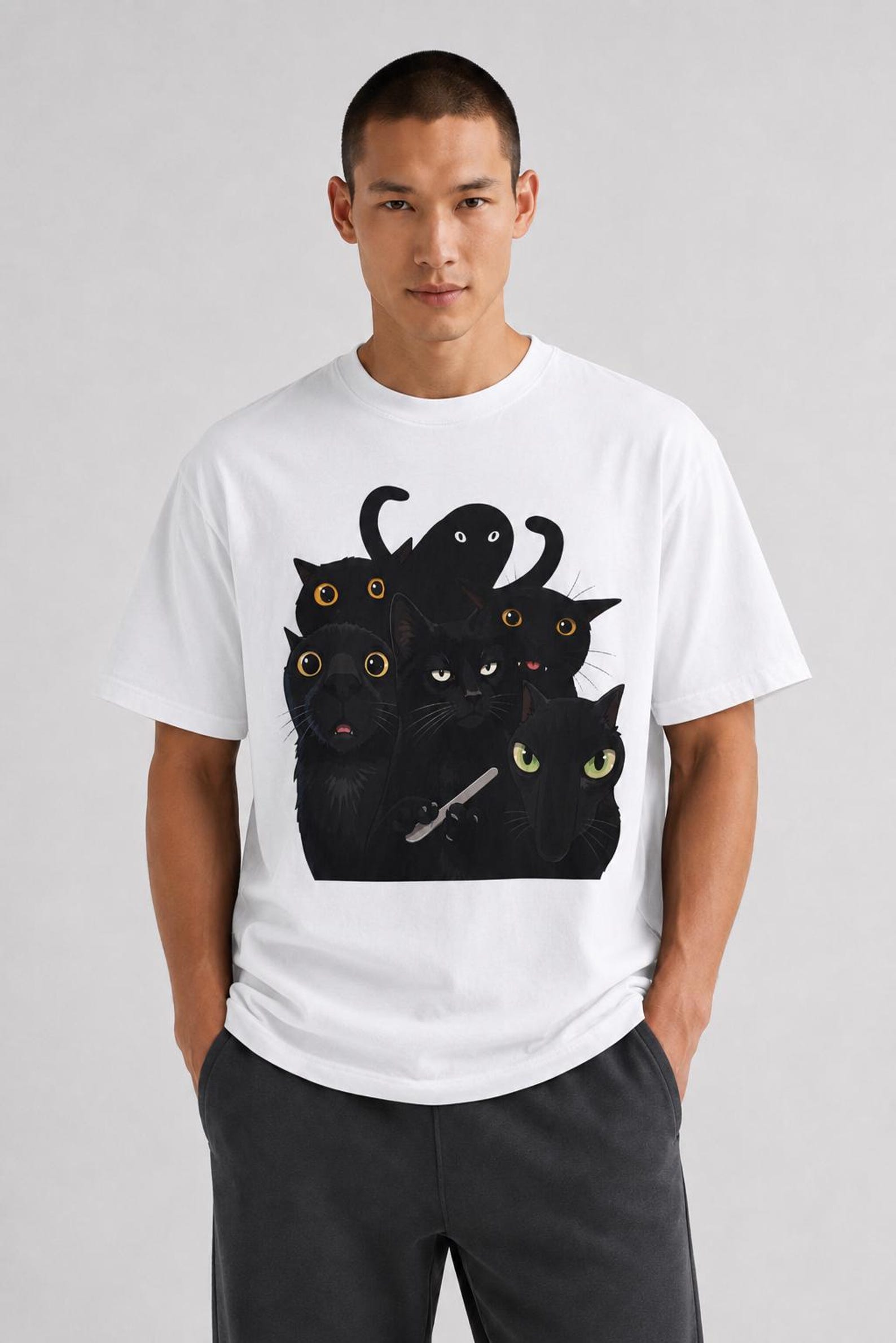 Black Cat Stack T-Shirt — Cute Gothic Cat Crew Tee