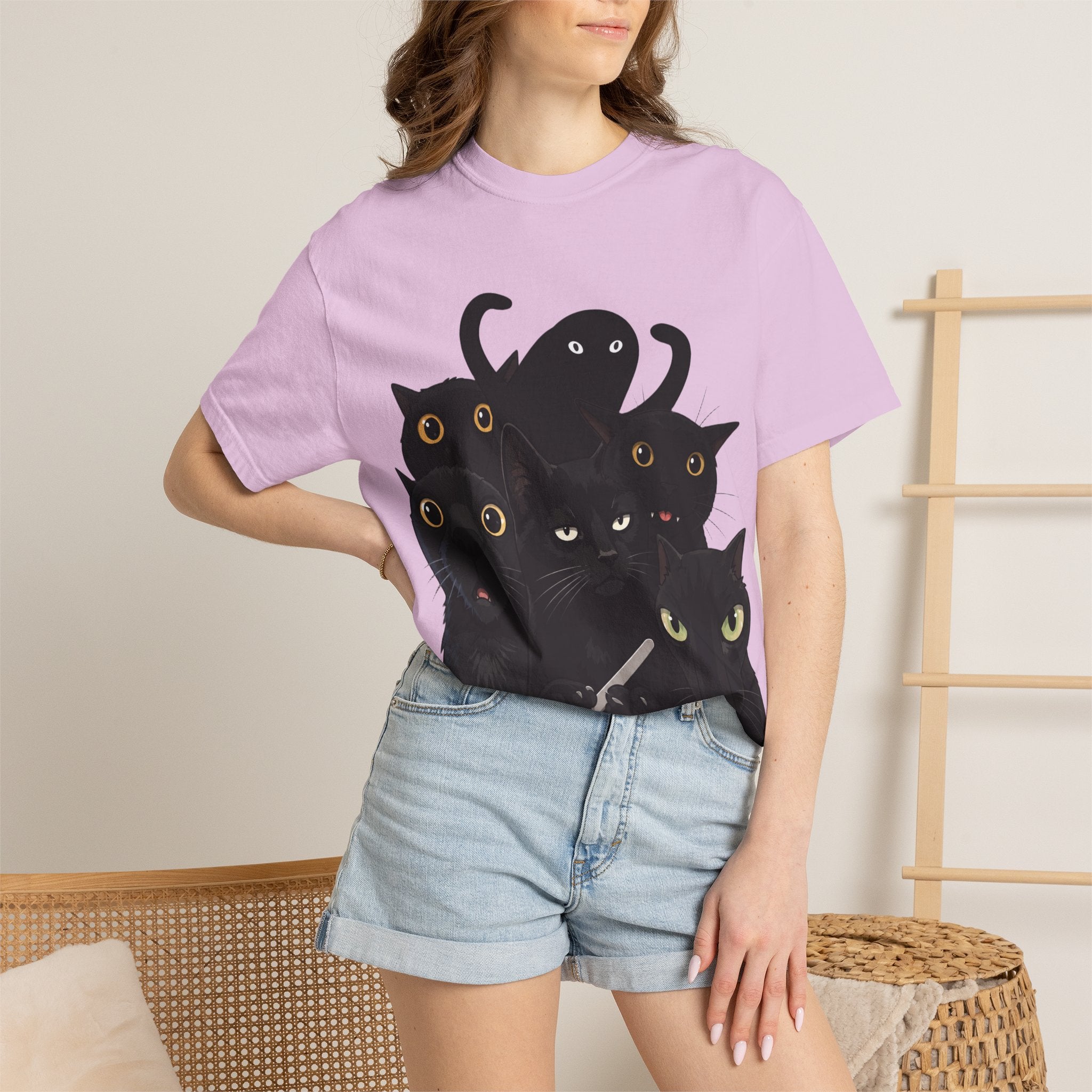 Black Cat Stack T-Shirt — Cute Gothic Cat Crew Tee