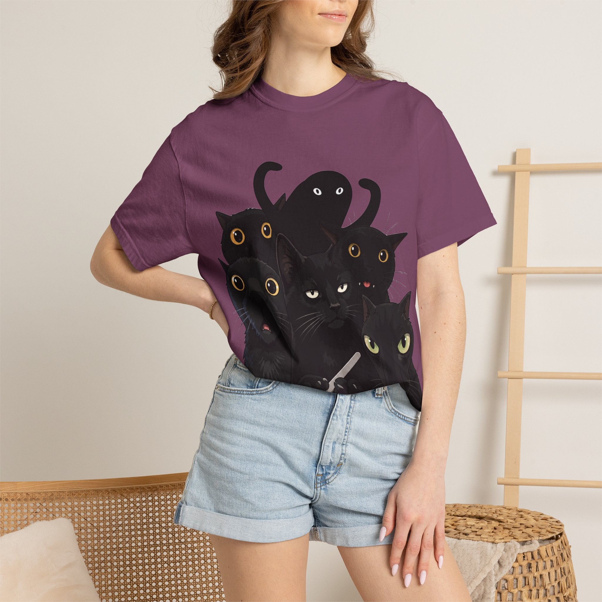 Black Cat Stack T-Shirt — Cute Gothic Cat Crew Tee