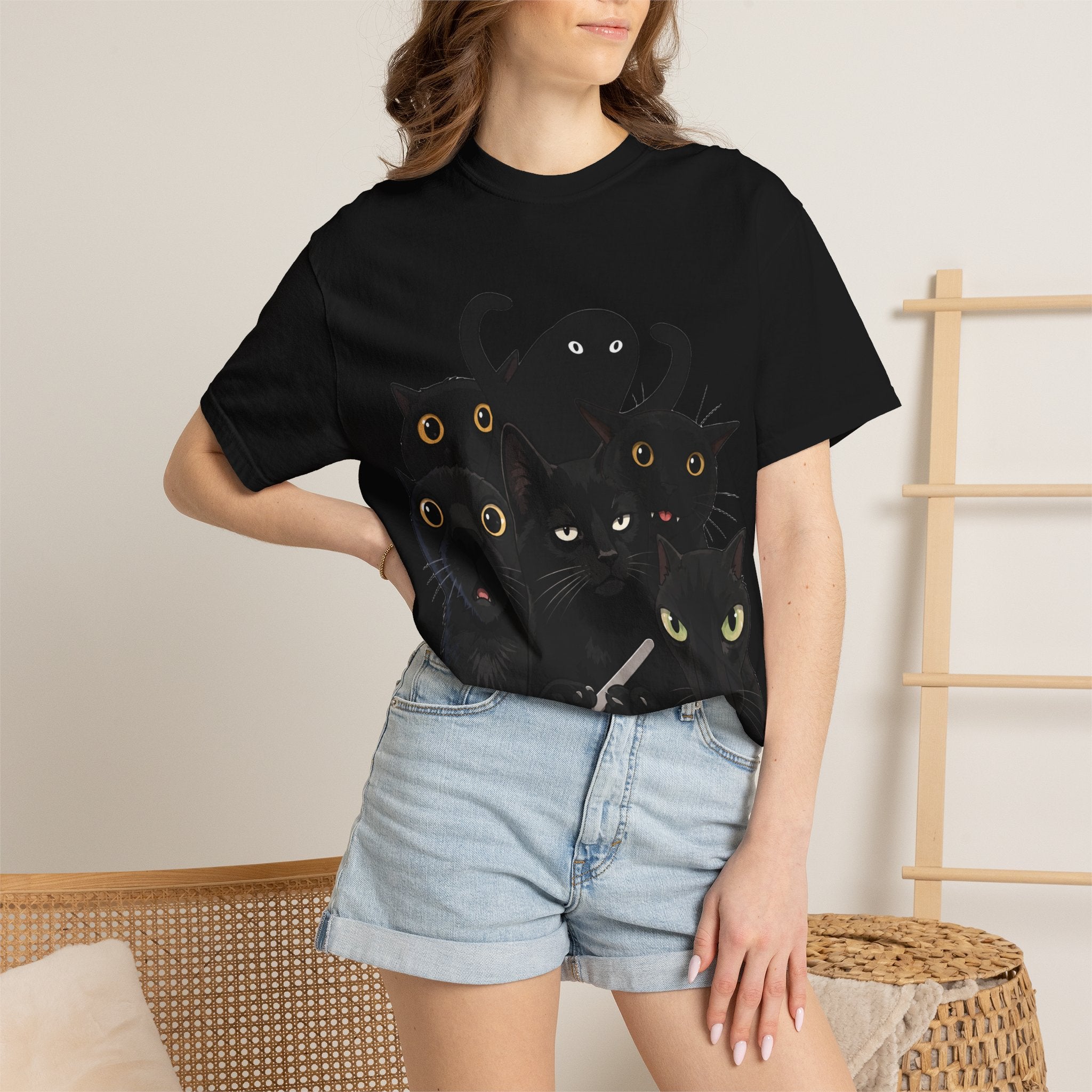 Black Cat Stack T-Shirt — Cute Gothic Cat Crew Tee