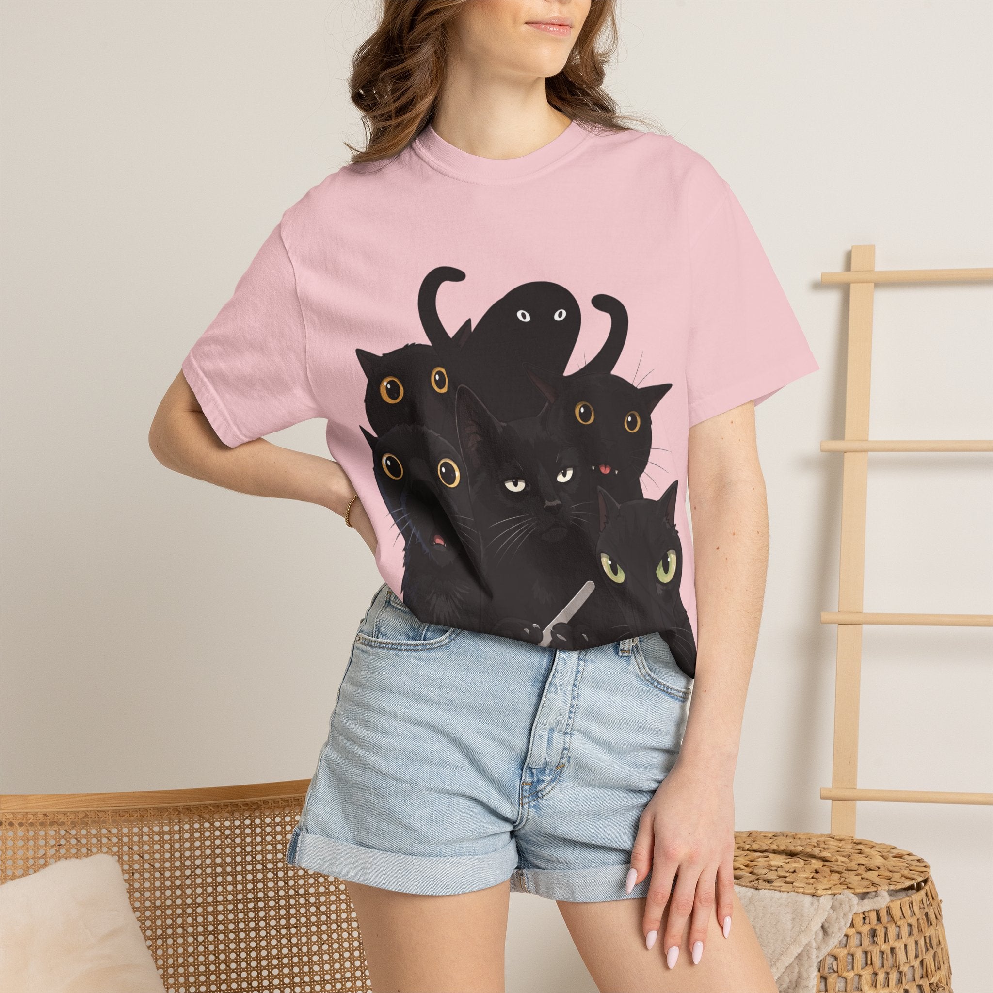 Black Cat Stack T-Shirt — Cute Gothic Cat Crew Tee