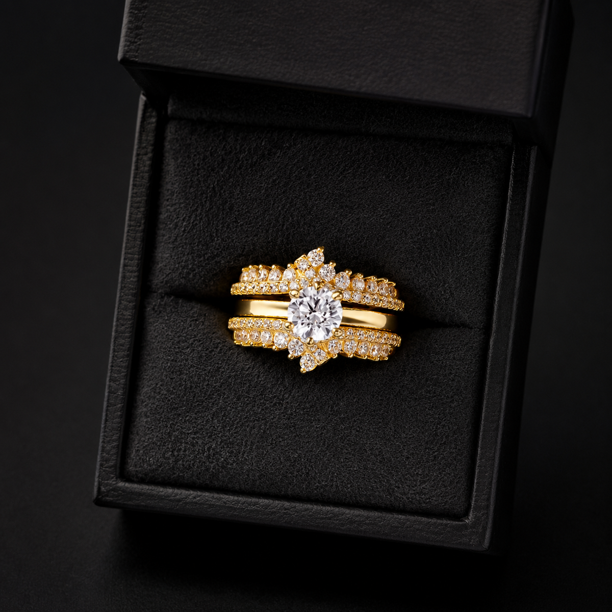 Elegant Yellow Gold Sterling Silver Engagement Ring Set