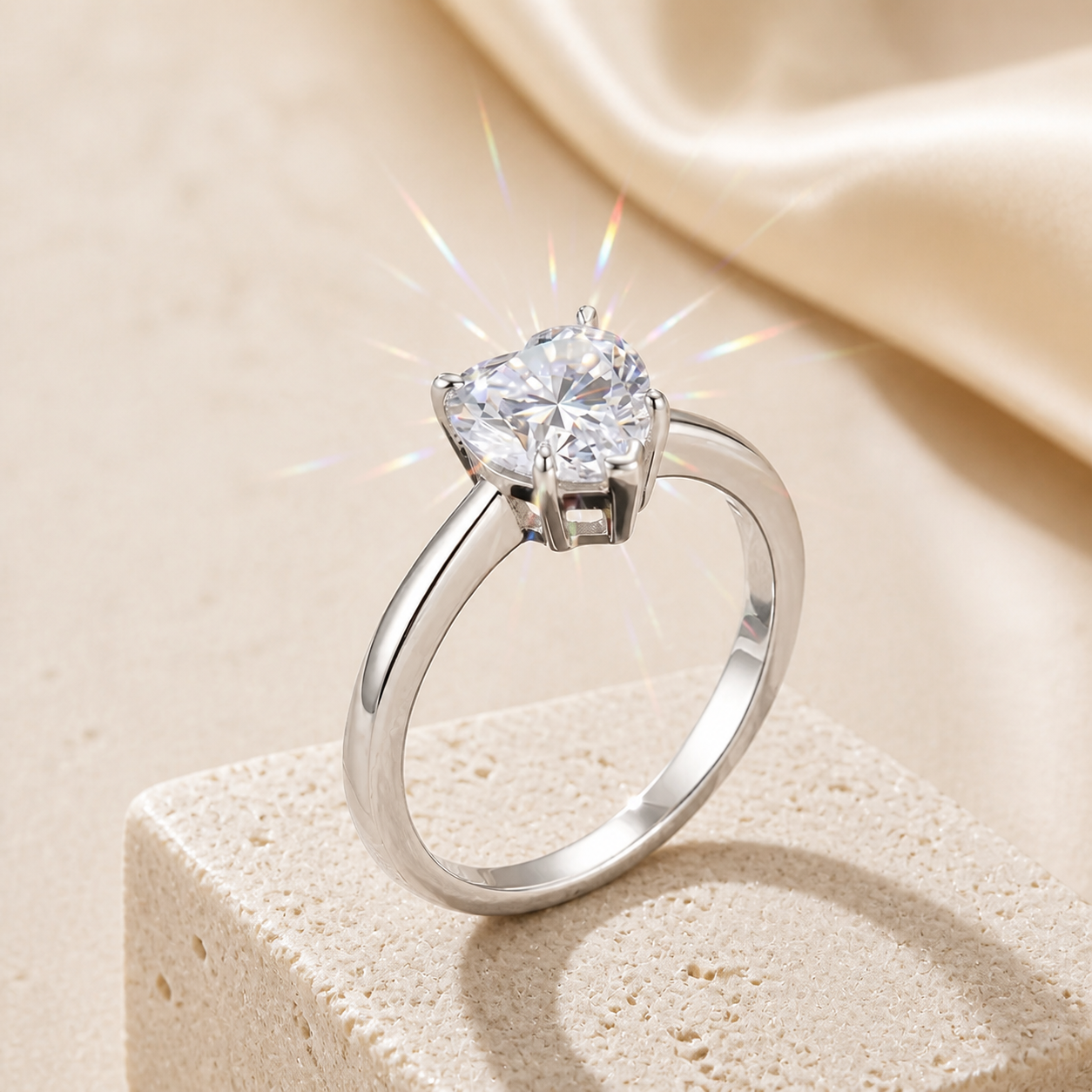 Heart-shaped ring displayed on an ivory stone pedestal